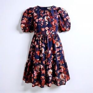 Eliza J Navy Floral Puff Sleeve Tiered Midi Dress Size 6